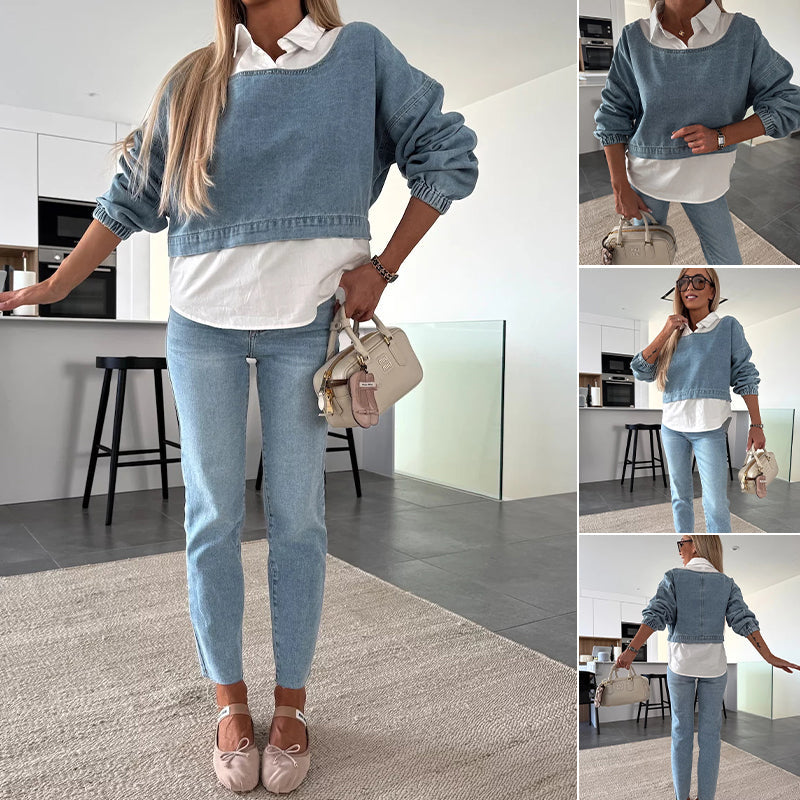 Nadira - Conjunto de Pantalón y Top Vaqueros de Manga Larga