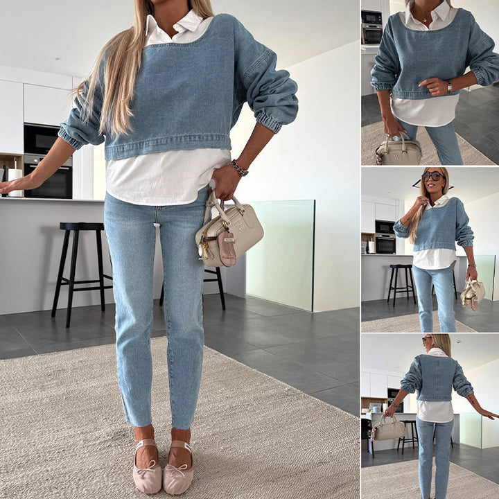 Nadira - Conjunto de Pantalón y Top Vaqueros de Manga Larga